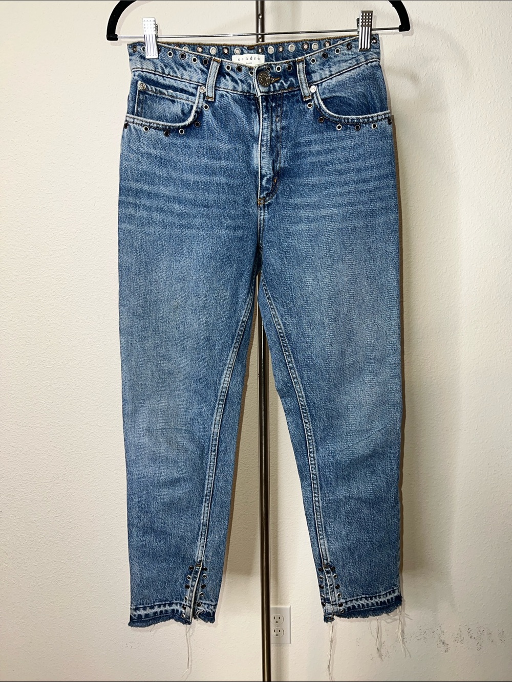 Sandro Paris Studded High-Waist Straight Leg Denim Jeans - Medium Blue